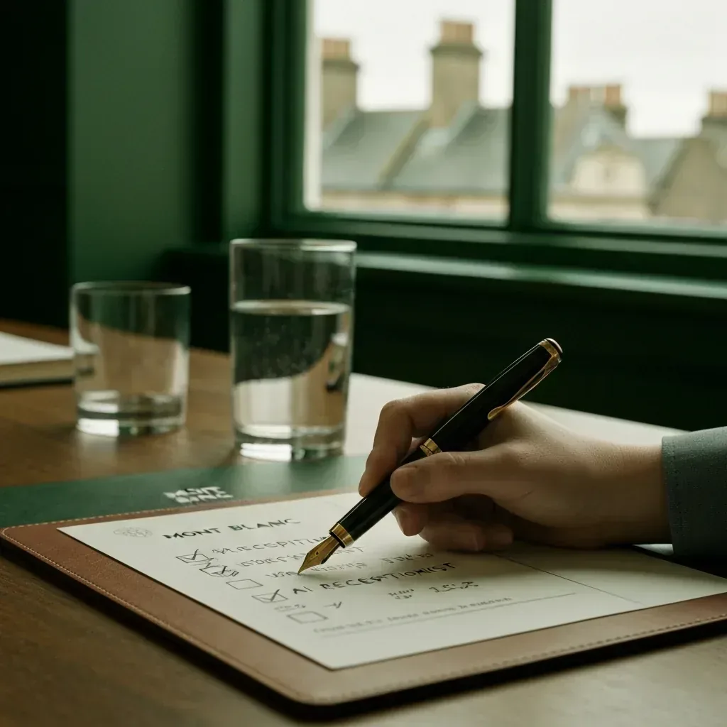 Close-up of a fountain pen ticking checkboxes on an AI receptionist comparison sheet, leather-edged desk pad