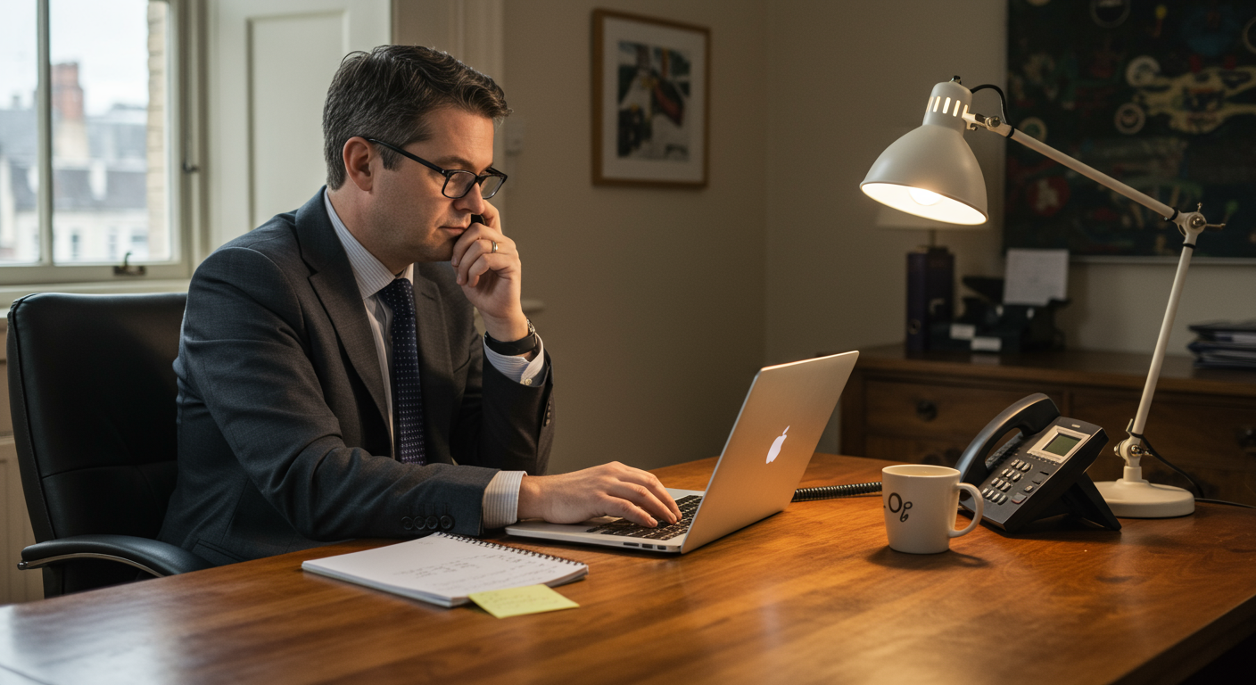 UK small business owner reviewing AI receptionist performance on laptop