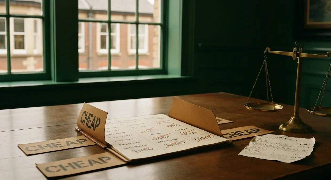 A vintage market stall with cheap labels removed, replaced by a ledger of feature gaps in the cheapest AI phone agent market