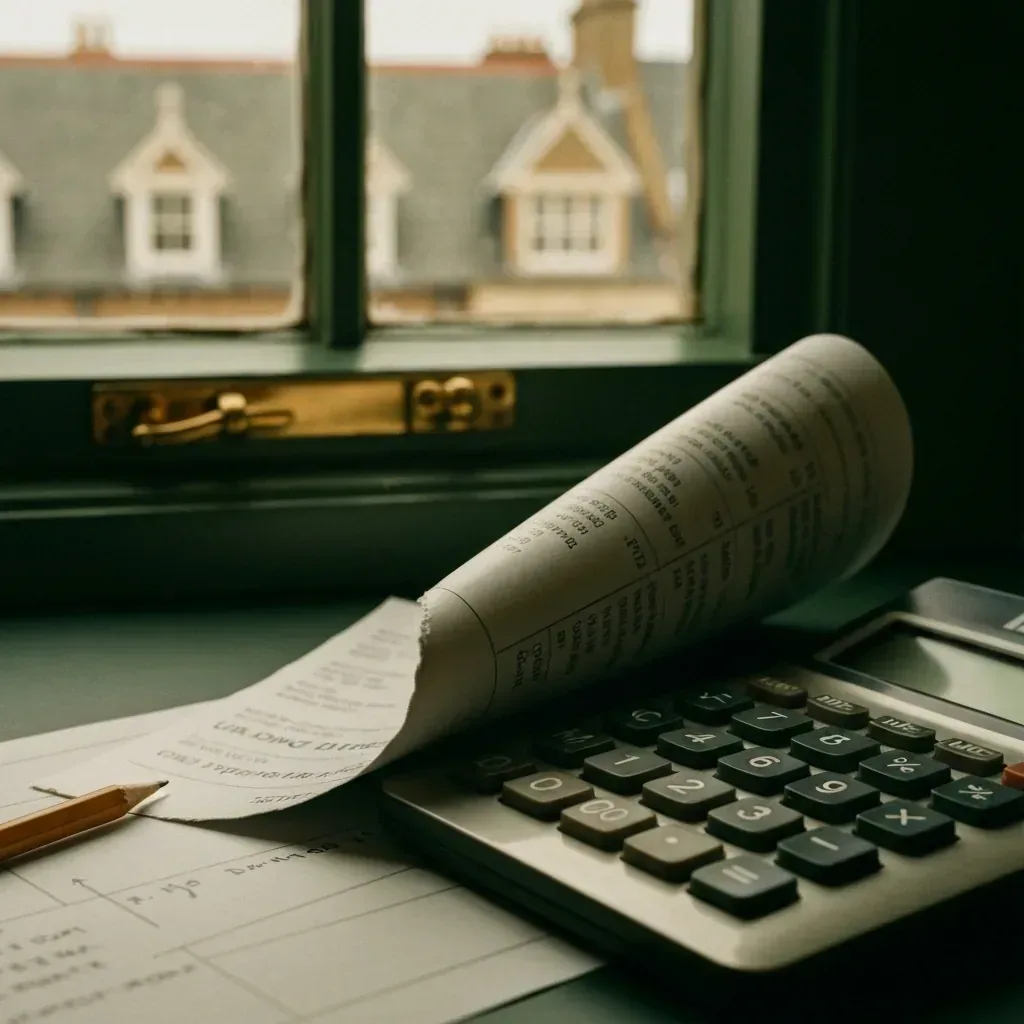 Macro detail of a torn UK pricing leaflet beside a calculator on a wooden tabletop
