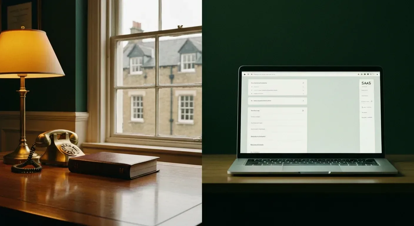 Side-by-side conceptual board showing UK office and a generic SaaS dashboard under soft amber light