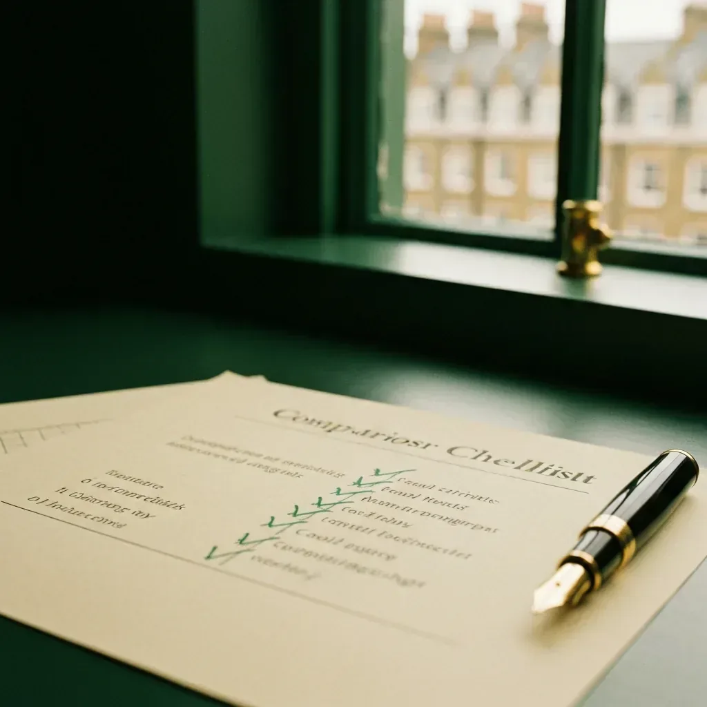 Macro of a comparison checklist with green tickmarks against feature criteria
