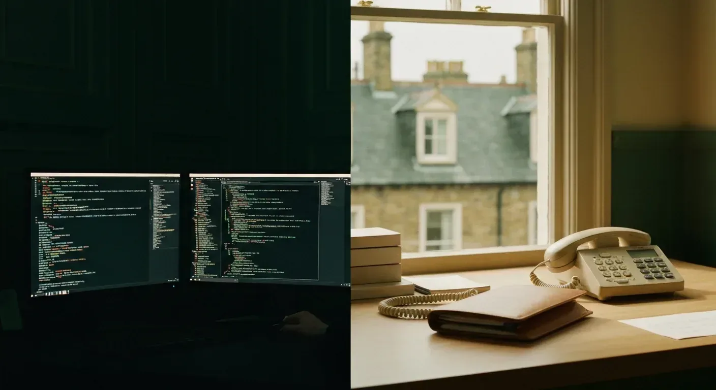 Side-by-side conceptual: developer monitor showing API logs versus a UK clinician's clean desk with a phone — Eldris vs Bland AI comparison