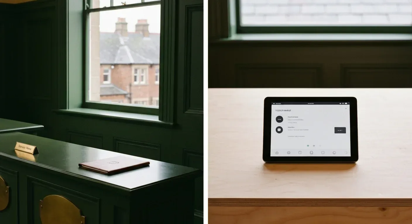 Polished UK reception desk with brass nameplate next to a generic dashboard on a tablet — Eldris vs MyAIFrontDesk comparison