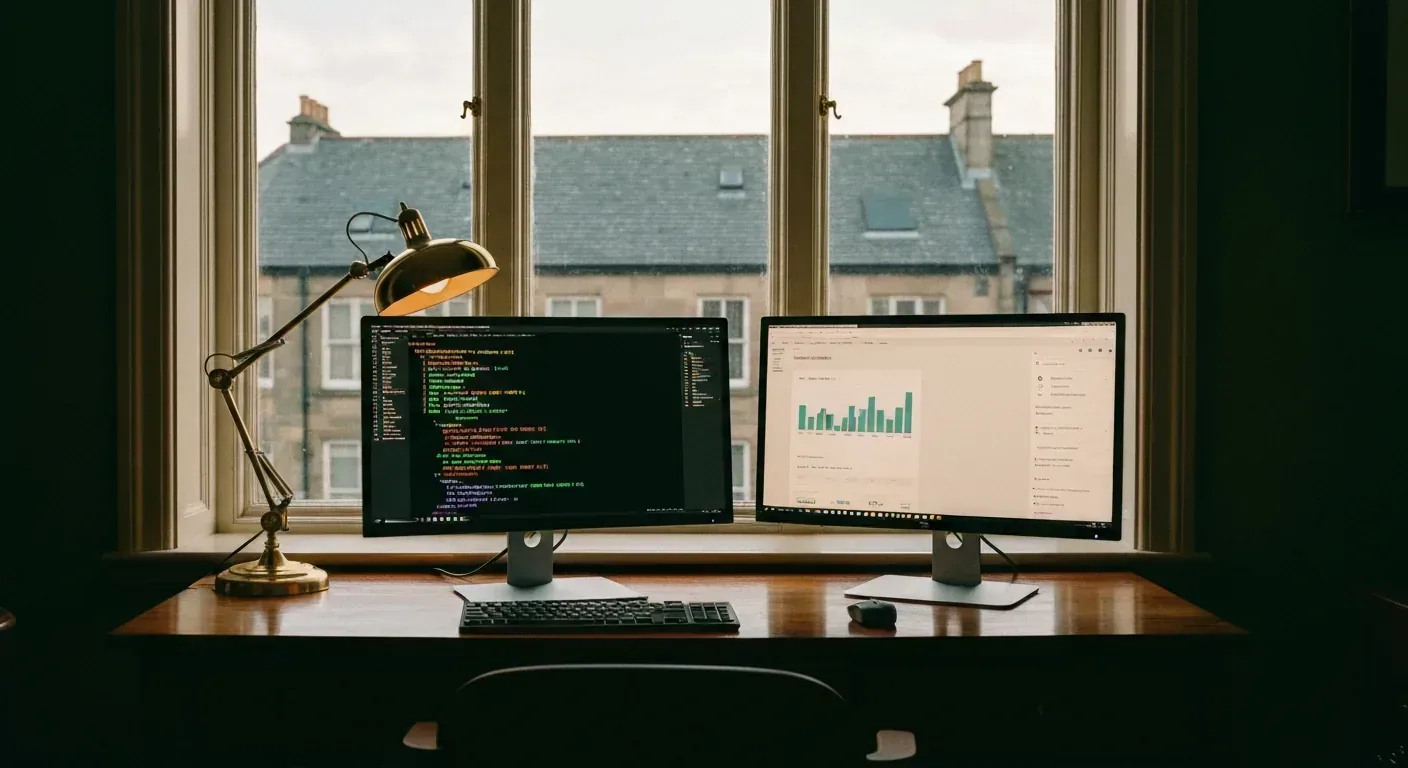 Developer setup with terminal commands on one screen and a CRM dashboard on the other in late afternoon Edinburgh light — Eldris vs Retell AI comparison