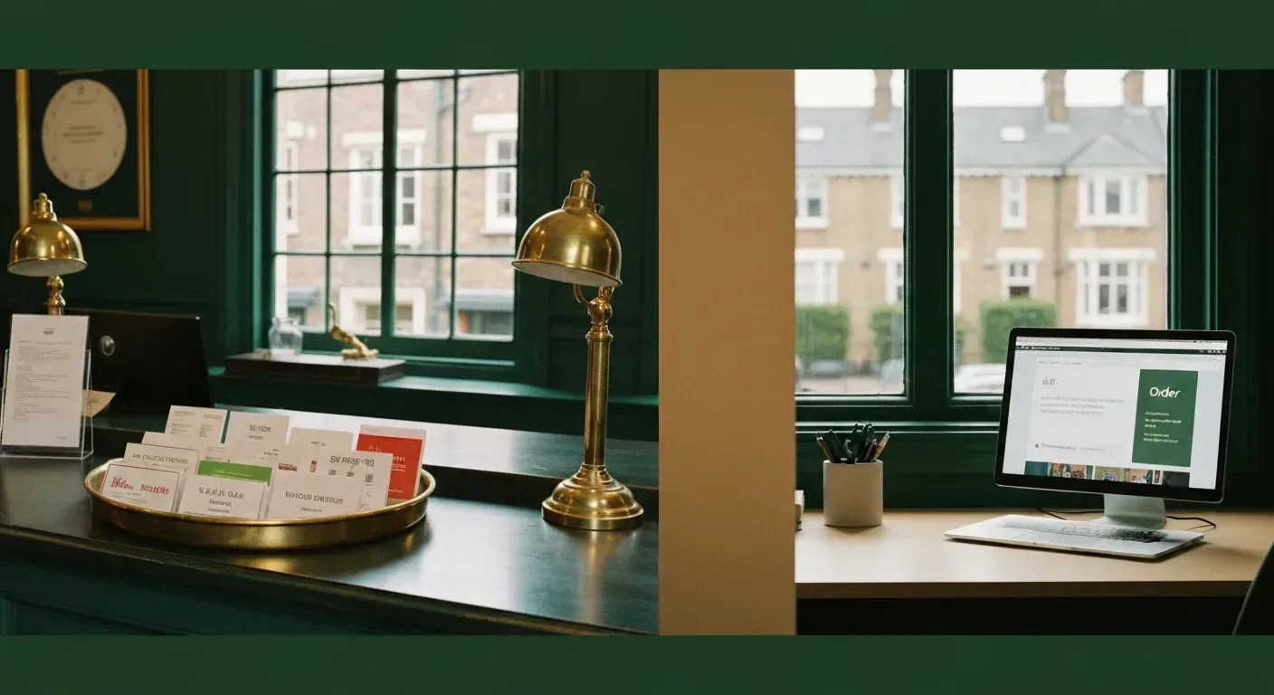 Side-by-side concept showing feature-rich receptionist desk with multilingual cards beside a leaner SMB office