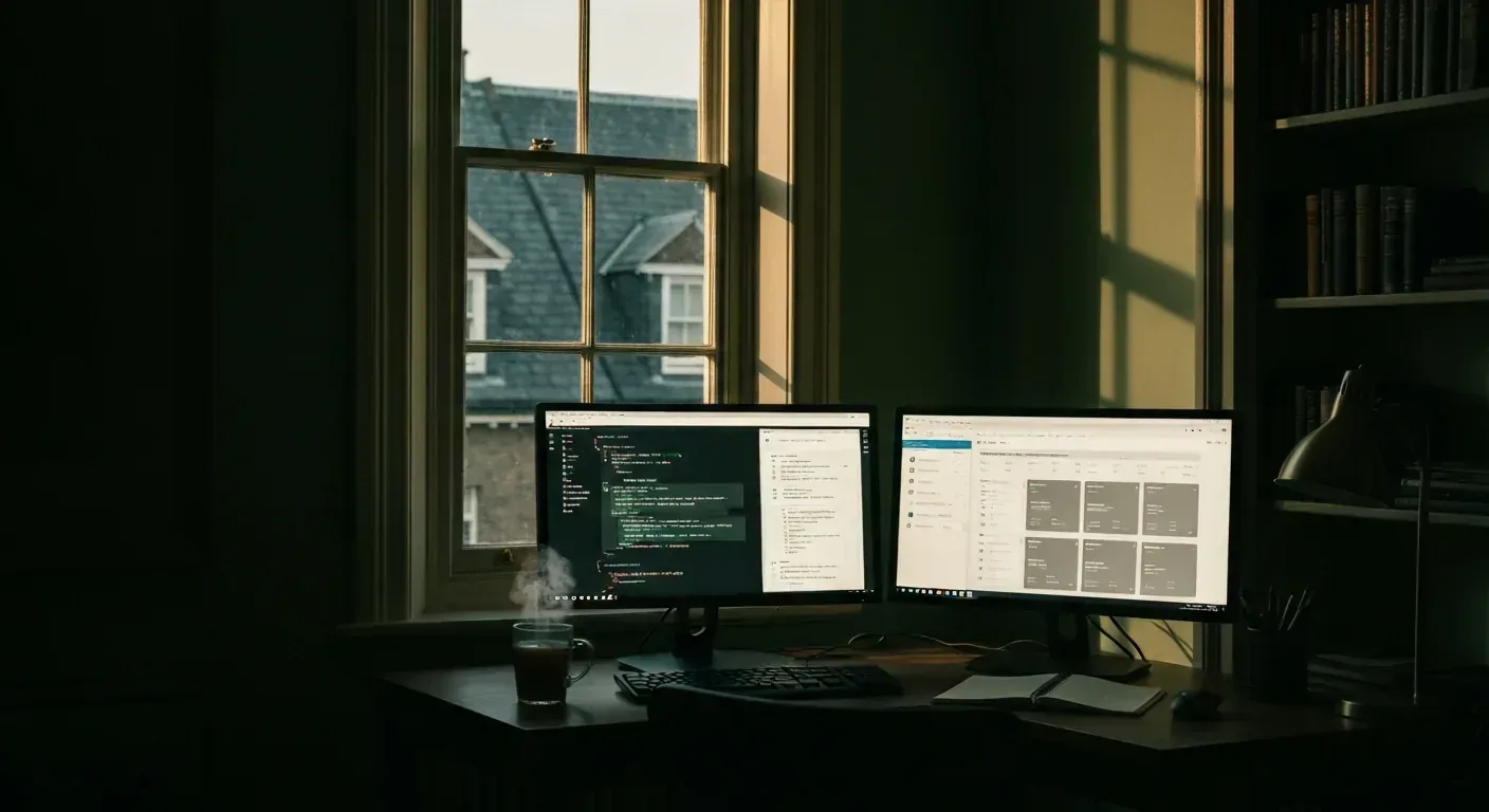 Bristol developer home office with dual monitors showing API documentation and a CRM, mug of tea on desk