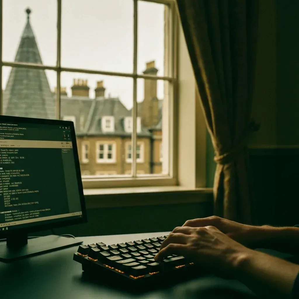 Hands typing on a mechanical keyboard with terminal output visible