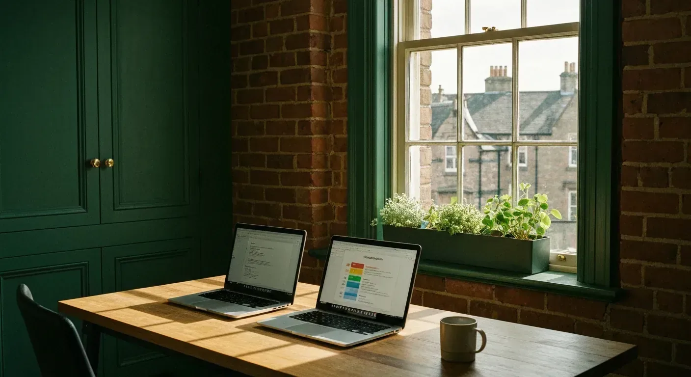UK marketing agency owner at modern Edinburgh studio reviewing AI receptionist client pricing on laptop