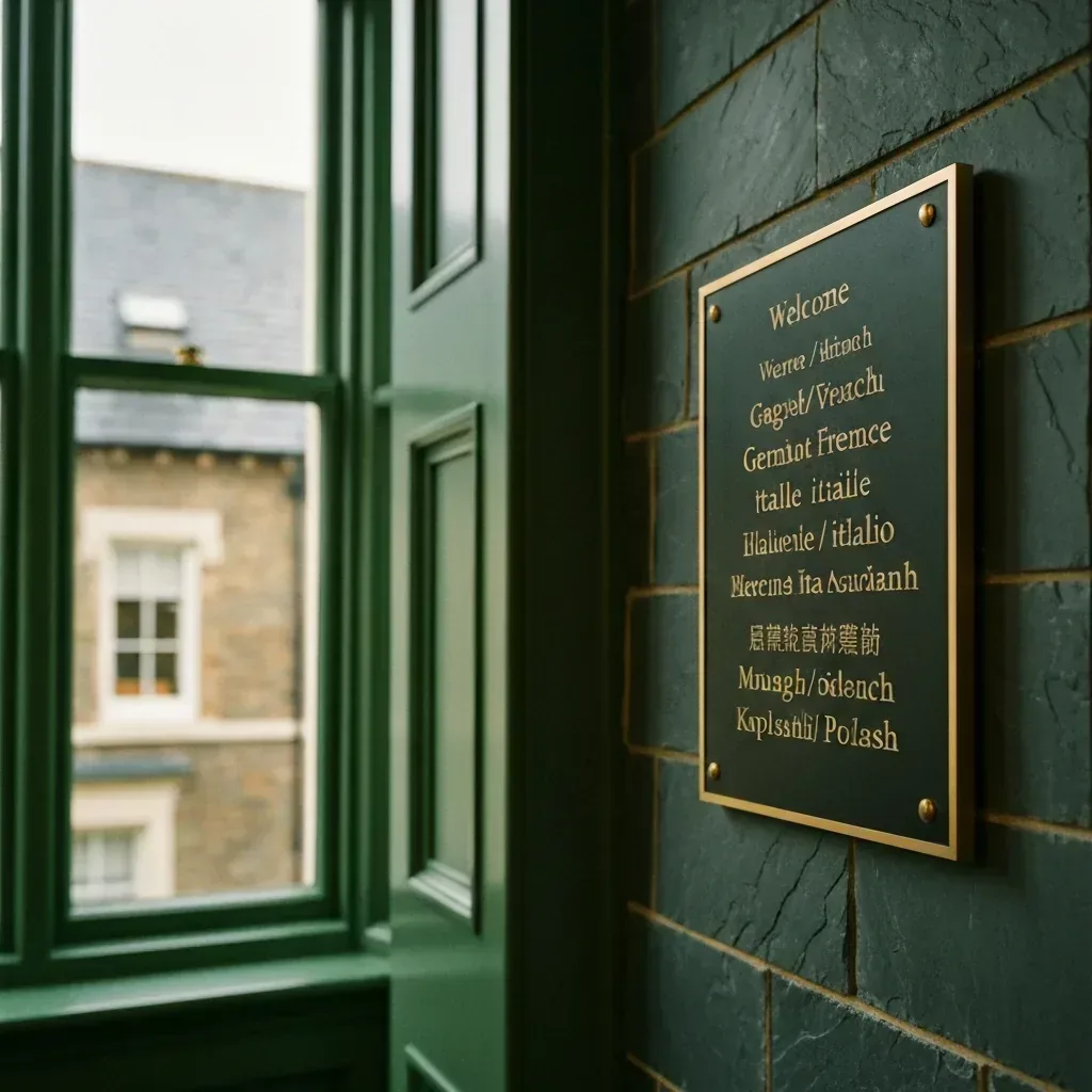Multilingual welcome plaque mounted on a slate wall, editorial detail of UK phone answering