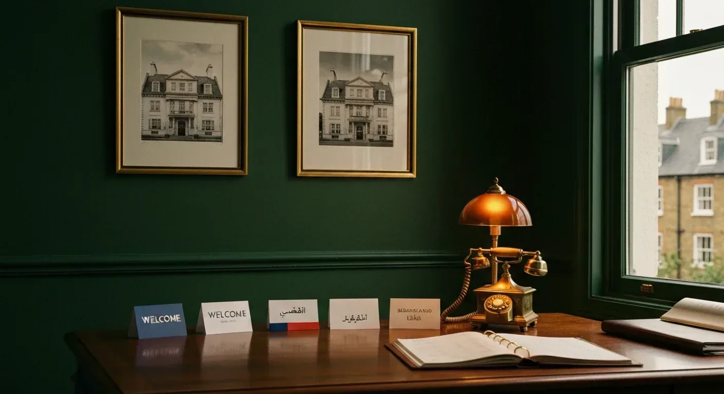 A Mayfair estate agent's office with multilingual welcome cards and an antique brass phone — multilingual property agent UK