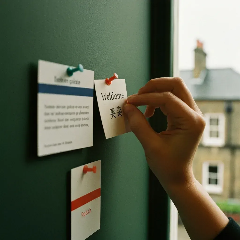 Hand pinning a Mandarin language card to a London estate agent cork board, editorial detail