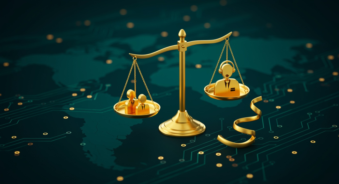 Balance scale comparing AI operator versus a human hire
