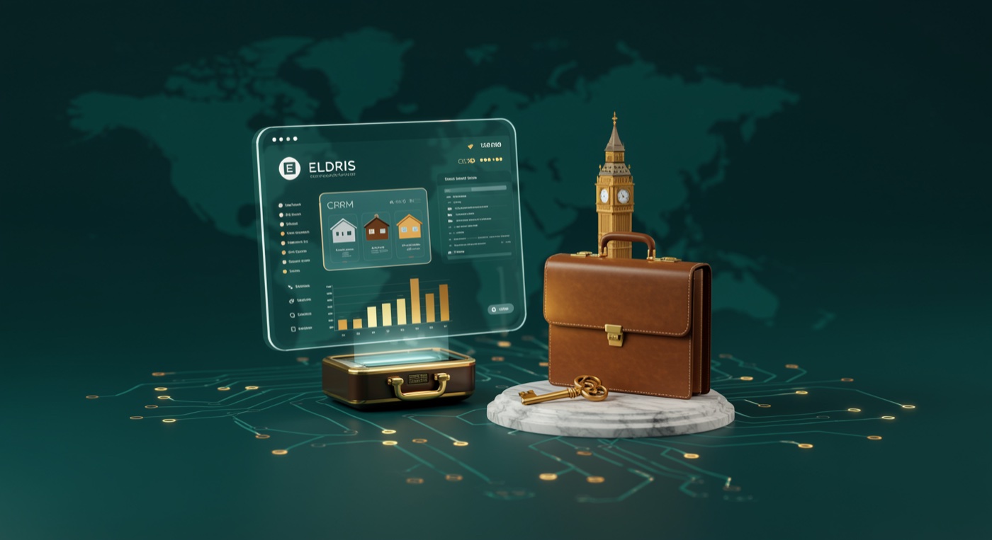 Holographic property CRM dashboard with brass keys and briefcase beside a faint Big Ben silhouette