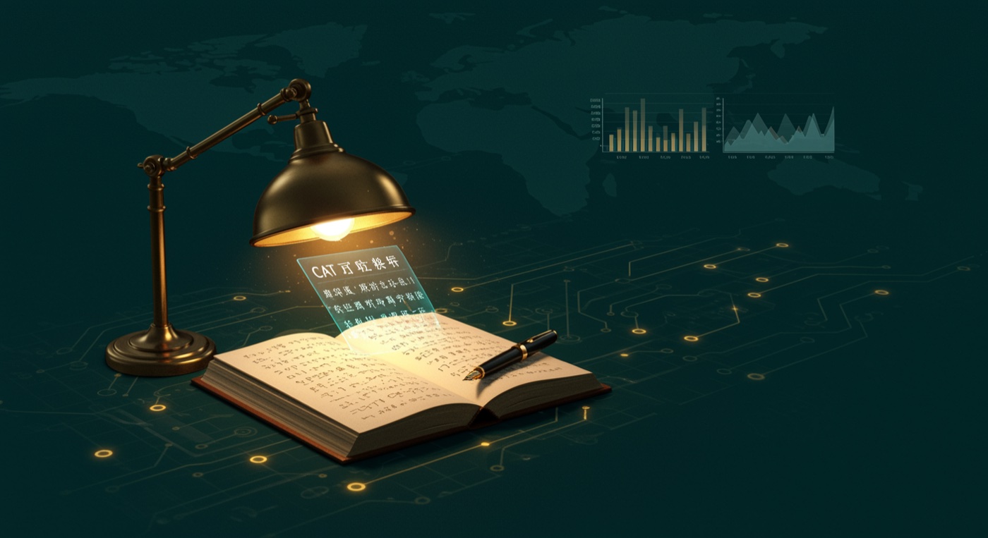 Translator desk vignette — brass banker's lamp over multilingual open volume and fountain pen