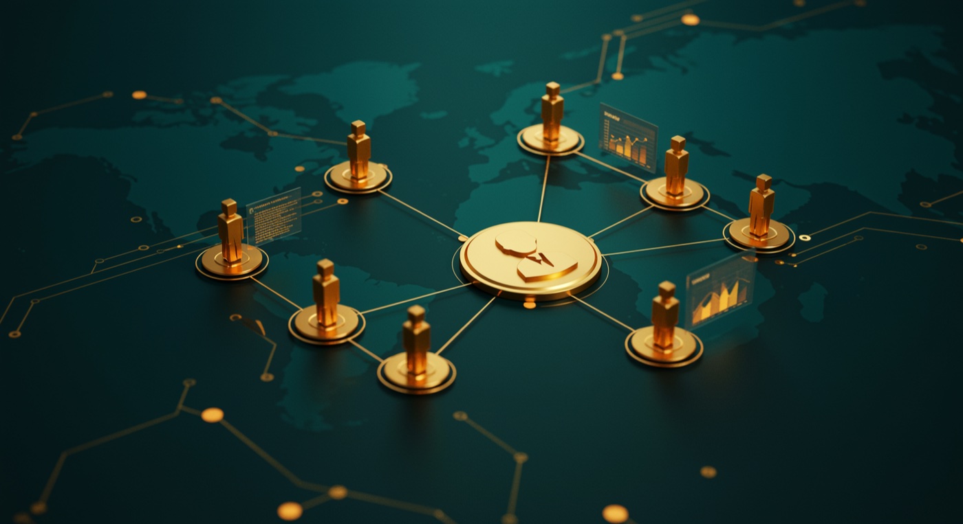 Gold network of linguists and project threads connecting to a translation agency plaque