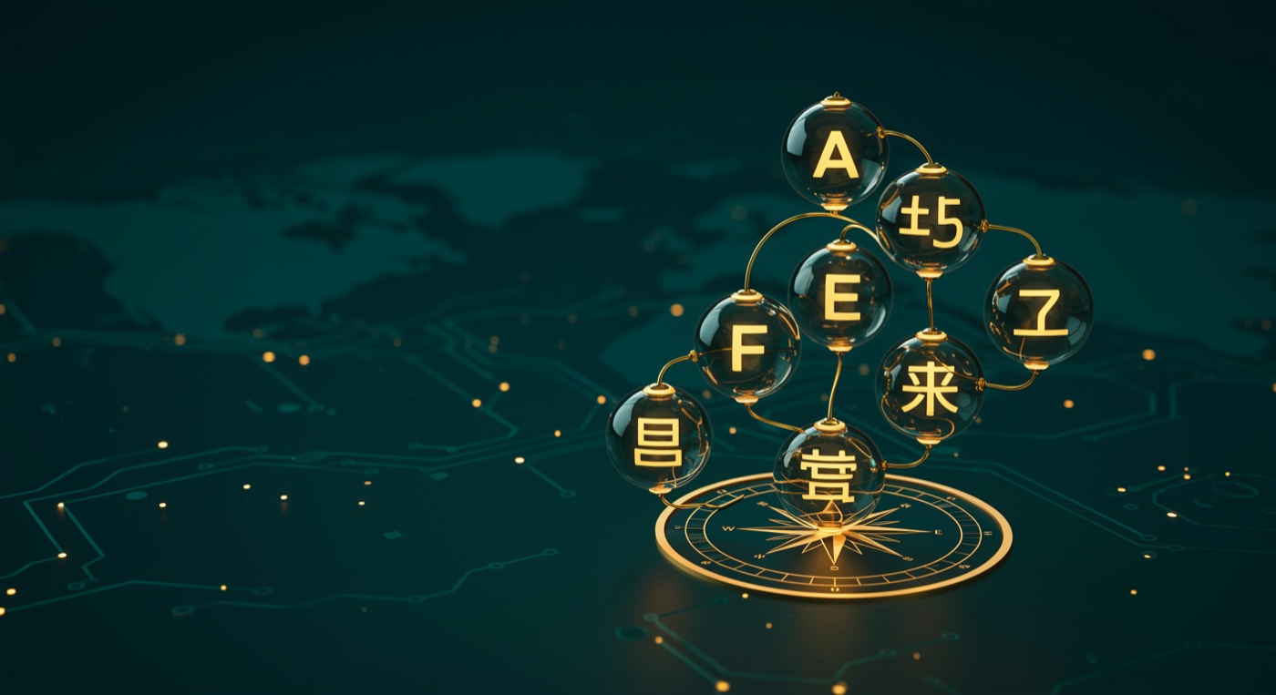 Six glass orbs cascading with English, German, French, Spanish, Italian and Chinese language glyphs