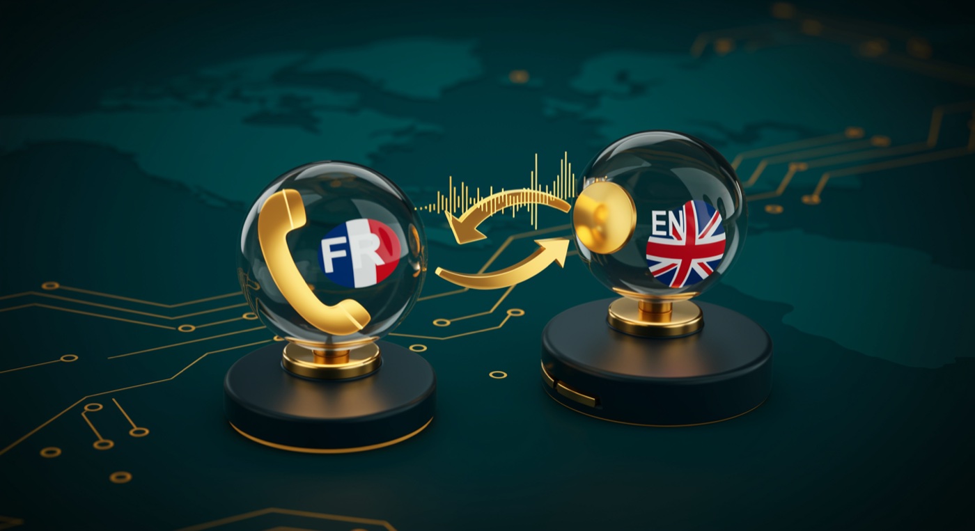 Mid-call language-switch illustration — French microphone orb transitioning to English
