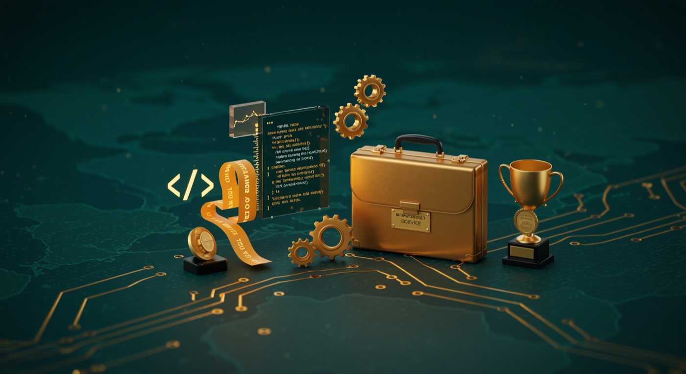 Luminous code brackets and terminal prompt versus a refined brass briefcase with managed-service plaque