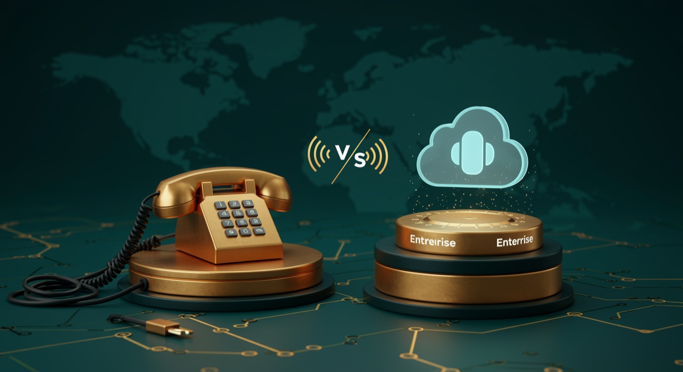 Brass enterprise desk phone on one pedestal versus floating cloud-voice icon on another, SMB versus Enterprise dial between them