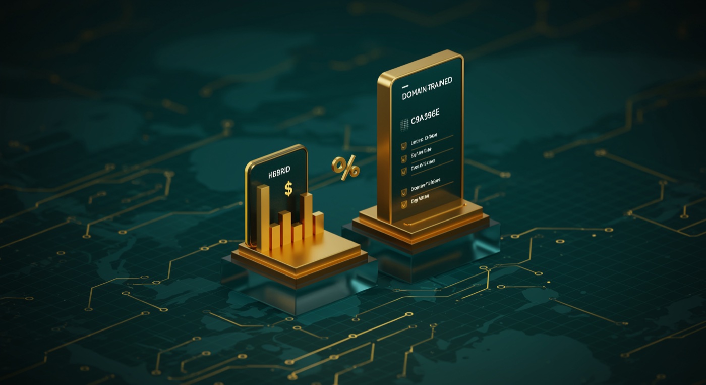 Two stacked pricing tier plaques — Hybrid versus Domain-trained