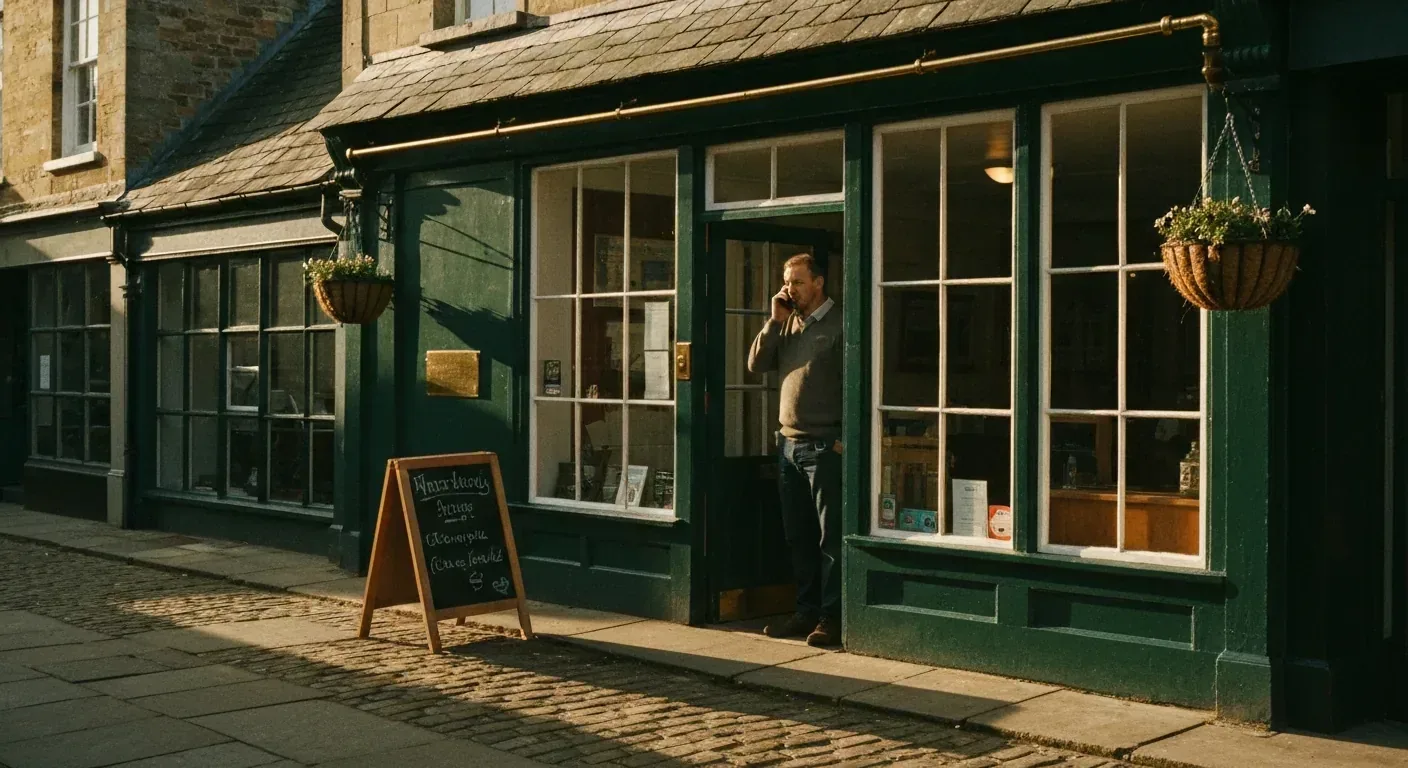 A small UK market-town shopfront in morning sun, sandwich-board sign on the pavement, the proprietor on a phone in the doorway