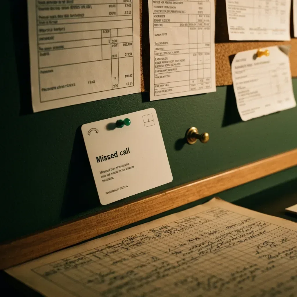 A missed-call notification card pinned among receipts on a shop counter, soft afternoon light