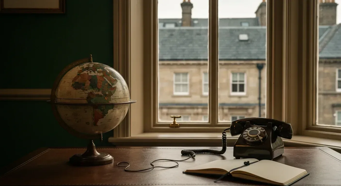 A serene UK office with a globe, headphones connected to a vintage telephone — real time phone translation UK