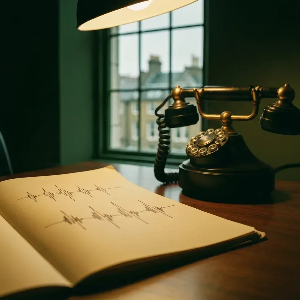 Audio waveforms on a vintage notebook page, editorial detail of phone translation latency