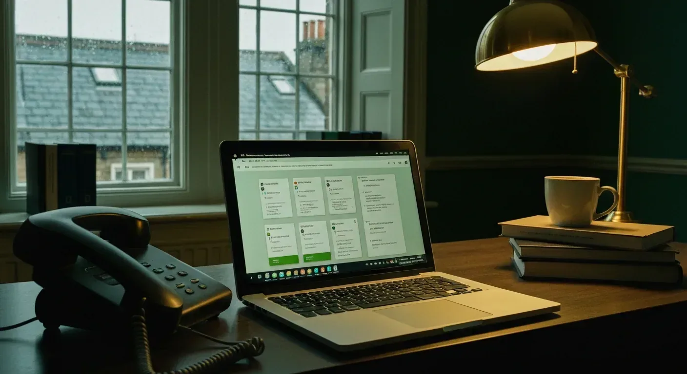 Manchester translation agency PM laptop with unread Slack threads and ringing phone in foreground at dusk