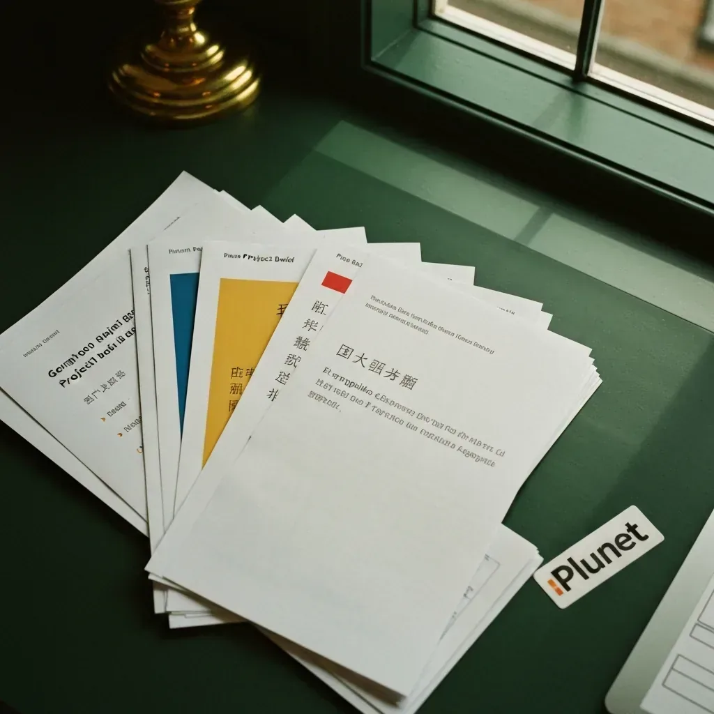 Stack of multilingual translation project briefs piled on a translation agency desk