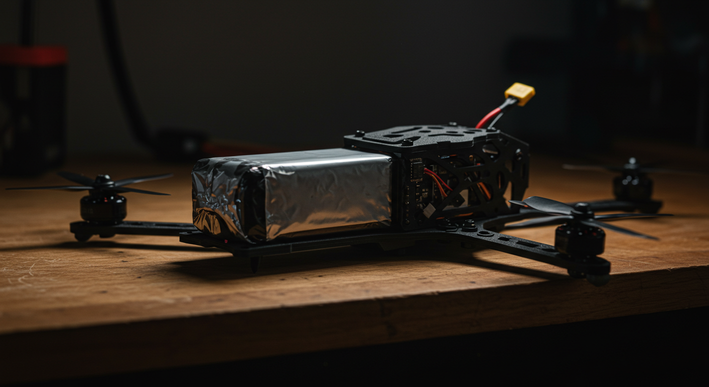 Sealed slide-in smart FPV drone battery being inserted into the rear bay of an FPV drone airframe
