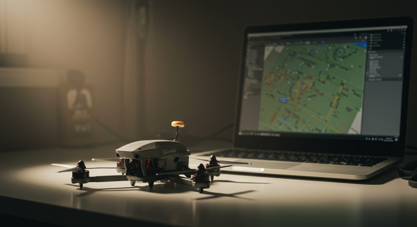 A 5-inch FPV drone on a workbench with a laptop showing QGroundControl mission planner open beside it