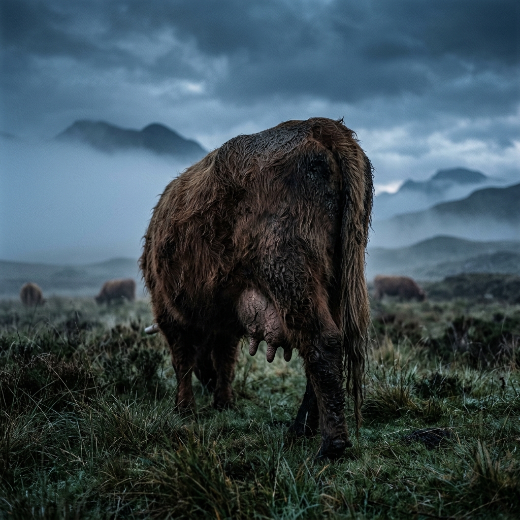 Highland cattle at dawn — households that refused the milk offering faced cursed livestock