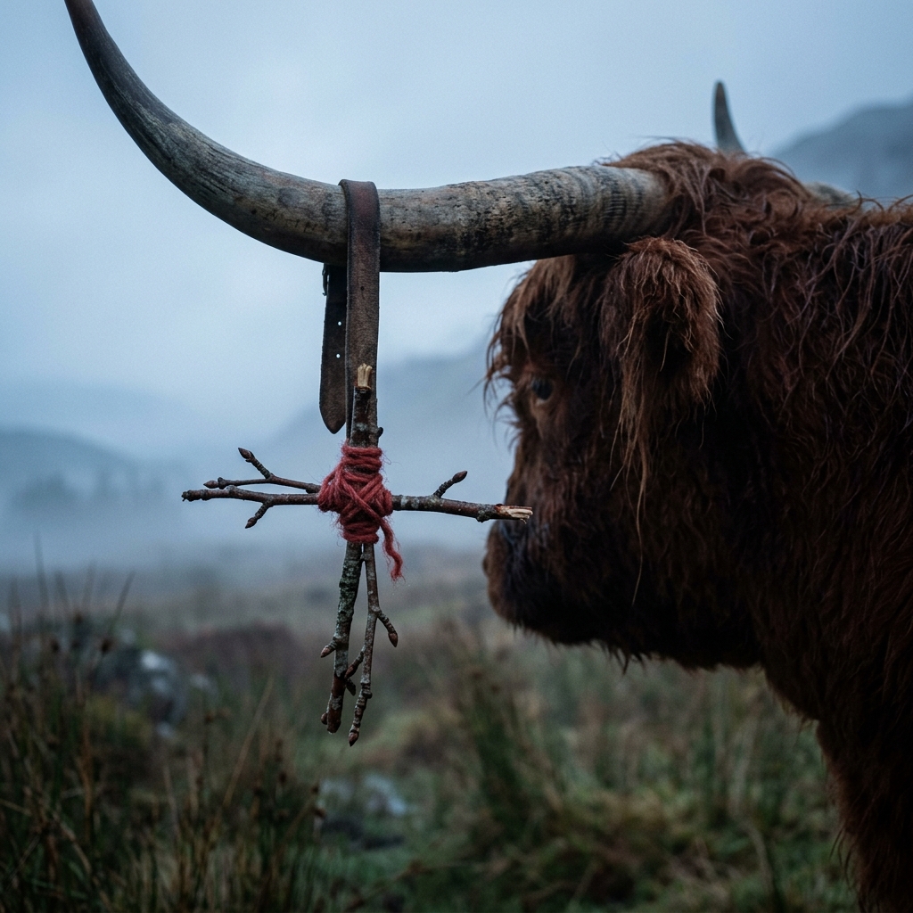 A rowan cross charm used as protection against the Cait Sìth during Samhain