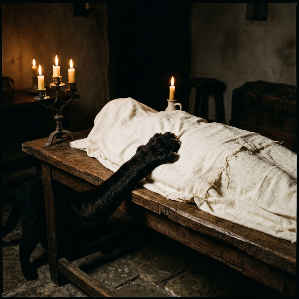 A shrouded figure in a Highland cottage during the Fèill Fhadalach death vigil