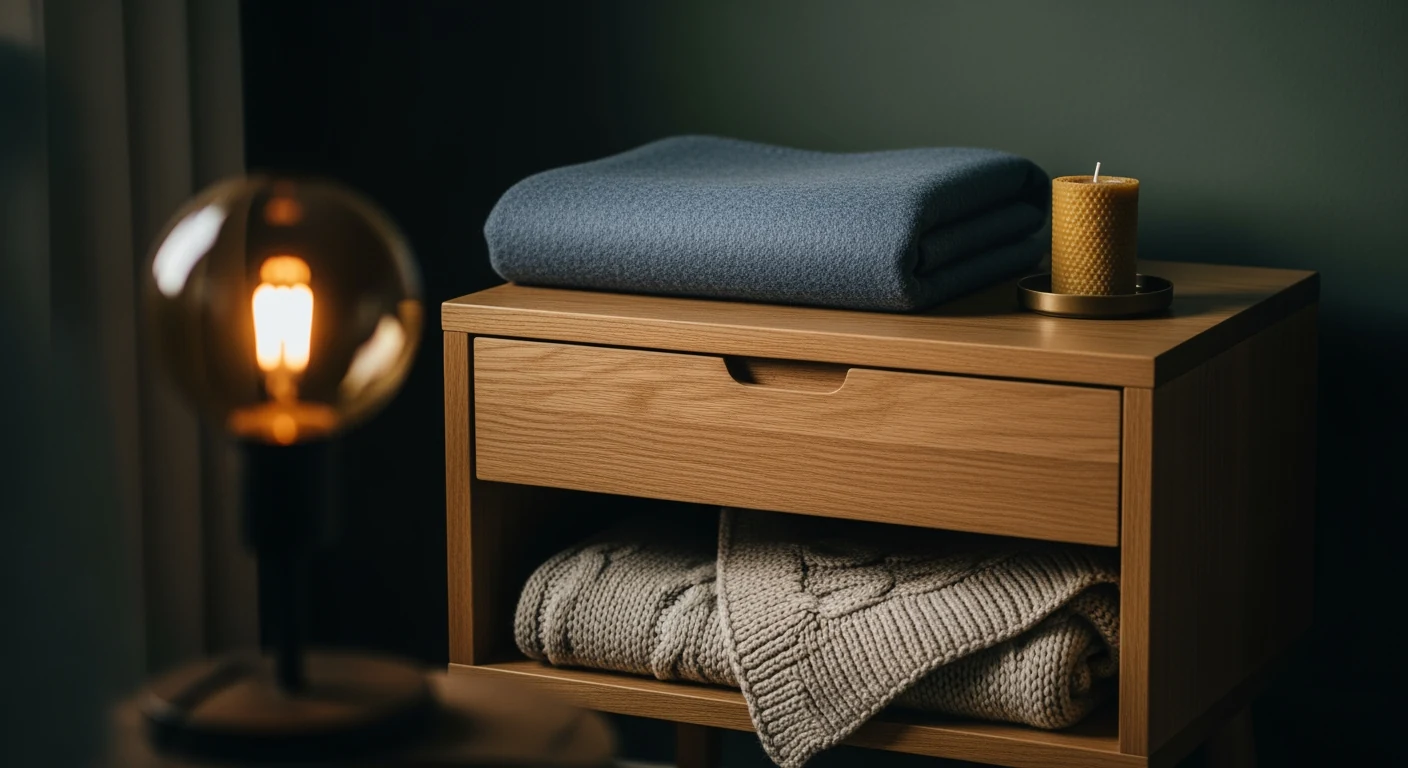 Slate wool-felt and brushed cotton swatches on an oak studio bench with brass thimble and ivory thread spool, soft window light from the left.
