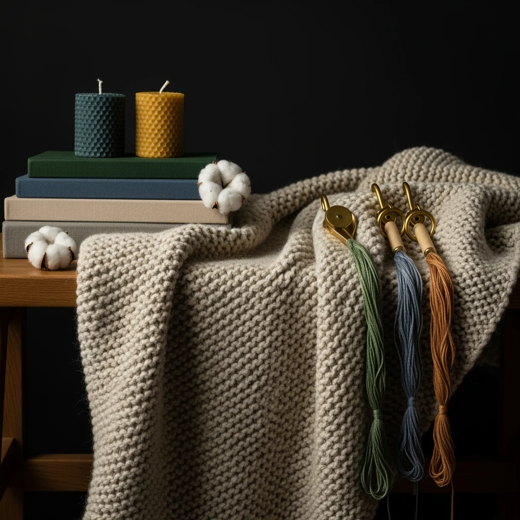 Hand-stitched cream embroidery thread on a panel of slate wool-felt, brass needle resting beside it, single shaft of warm window light.