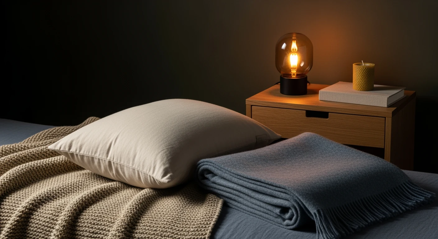 A slate-blue plush dragon with soft amber ember-glow rests on a child's pillow under a low evening lamp