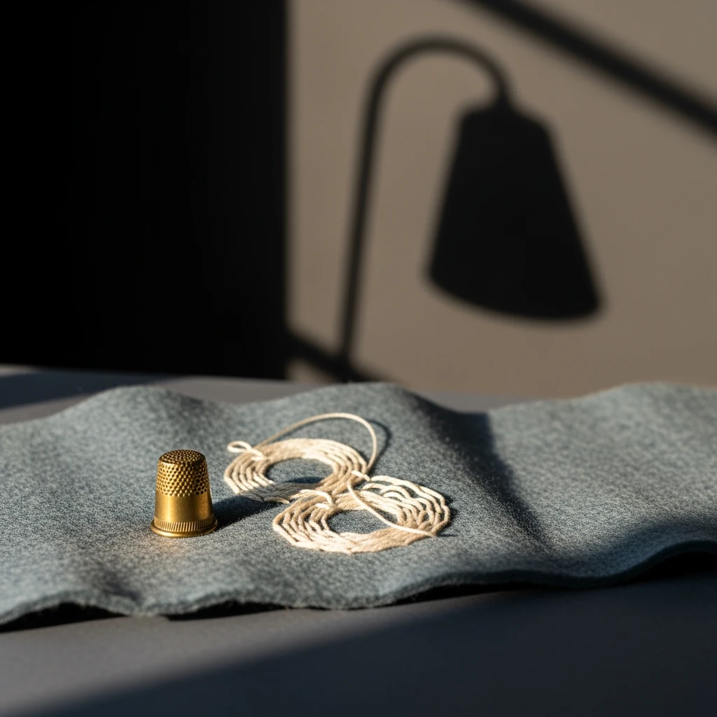 Close-up of an embroidered courage rune on a slate-blue weighted plush dragon, an adult hand just touching it