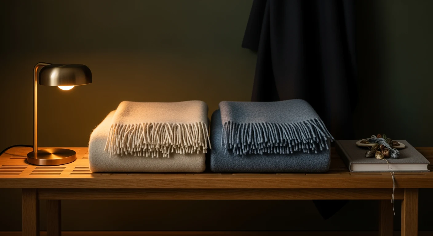 A linen-bound bedtime storybook on an oak nightstand, paper bookmark trailing across the surface, brass bookend behind, low ember-glow.