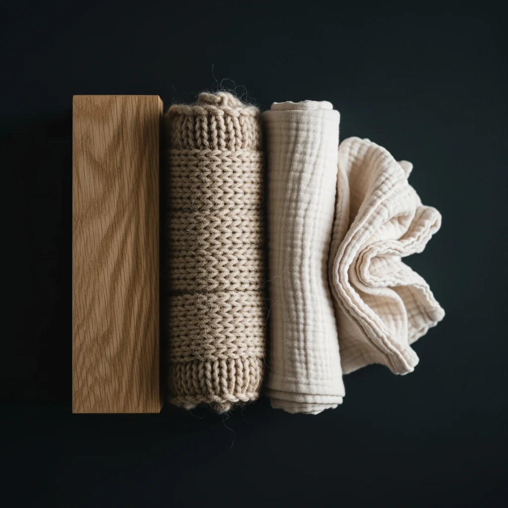 Close-up of slate wool-felt, undyed cotton ribbon and embroidered detail under low ambient lamplight.
