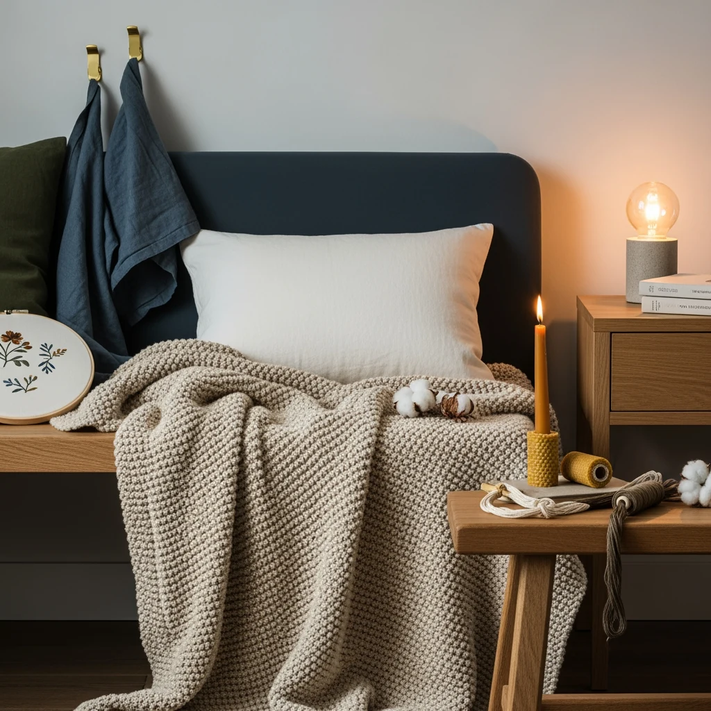 Close detail of weighted slate wool-felt fabric with ivory thread embroidery, lit by a single soft window.