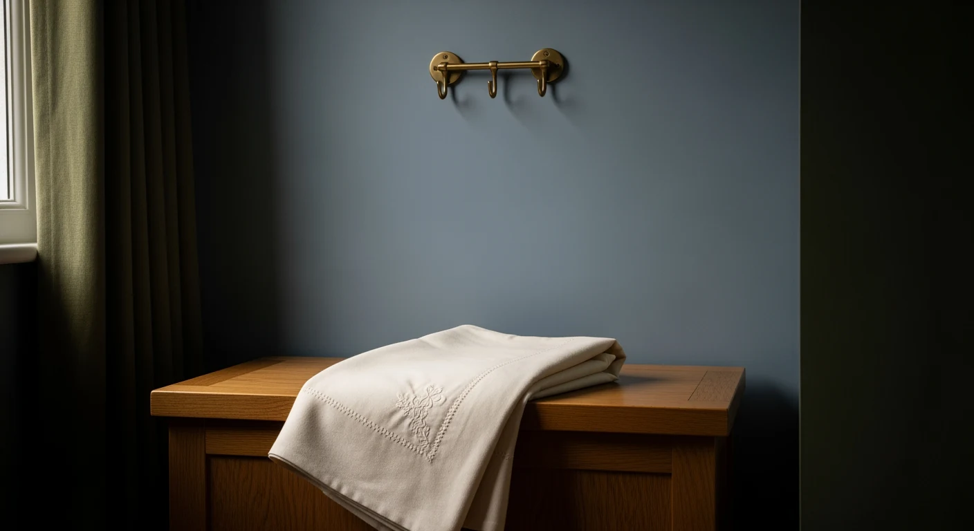 An ivory linen christening throw folded on an oak chest, single brass nursery hook above, soft window light from the left, atmospheric still life