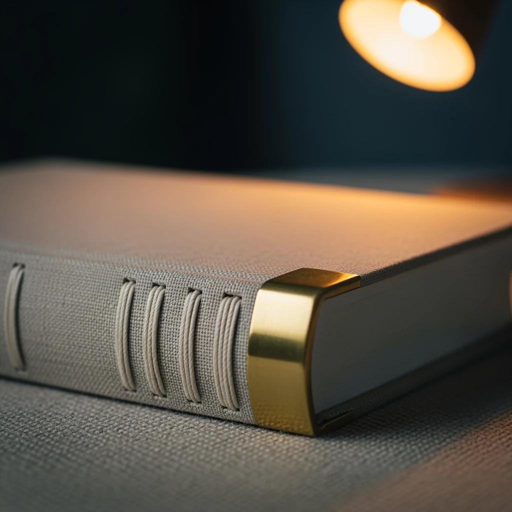 Macro of a hand-bound book with undyed linen cover and ivory thread binding, brass corner visible, low warm bedside lamplight