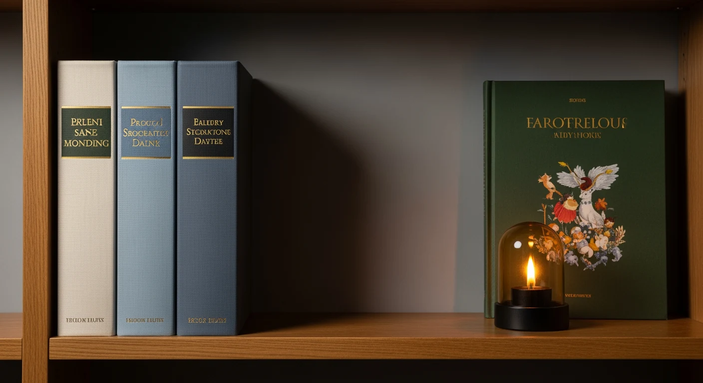 Oak bookshelf with linen-bound storybooks and a brass bookend, low ember-lamp glow, soft amber light catching the edge of a slate wool-felt blanket.