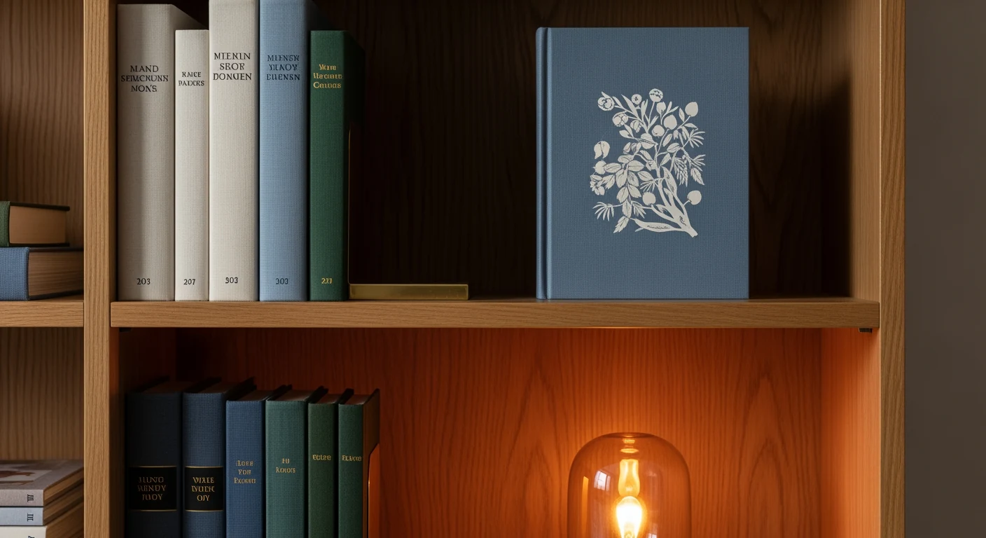 Hand-bound storybook on an oak nightstand beside a folded wool blanket, brass bookend at the back, low warm ember-glow on the linen cover.