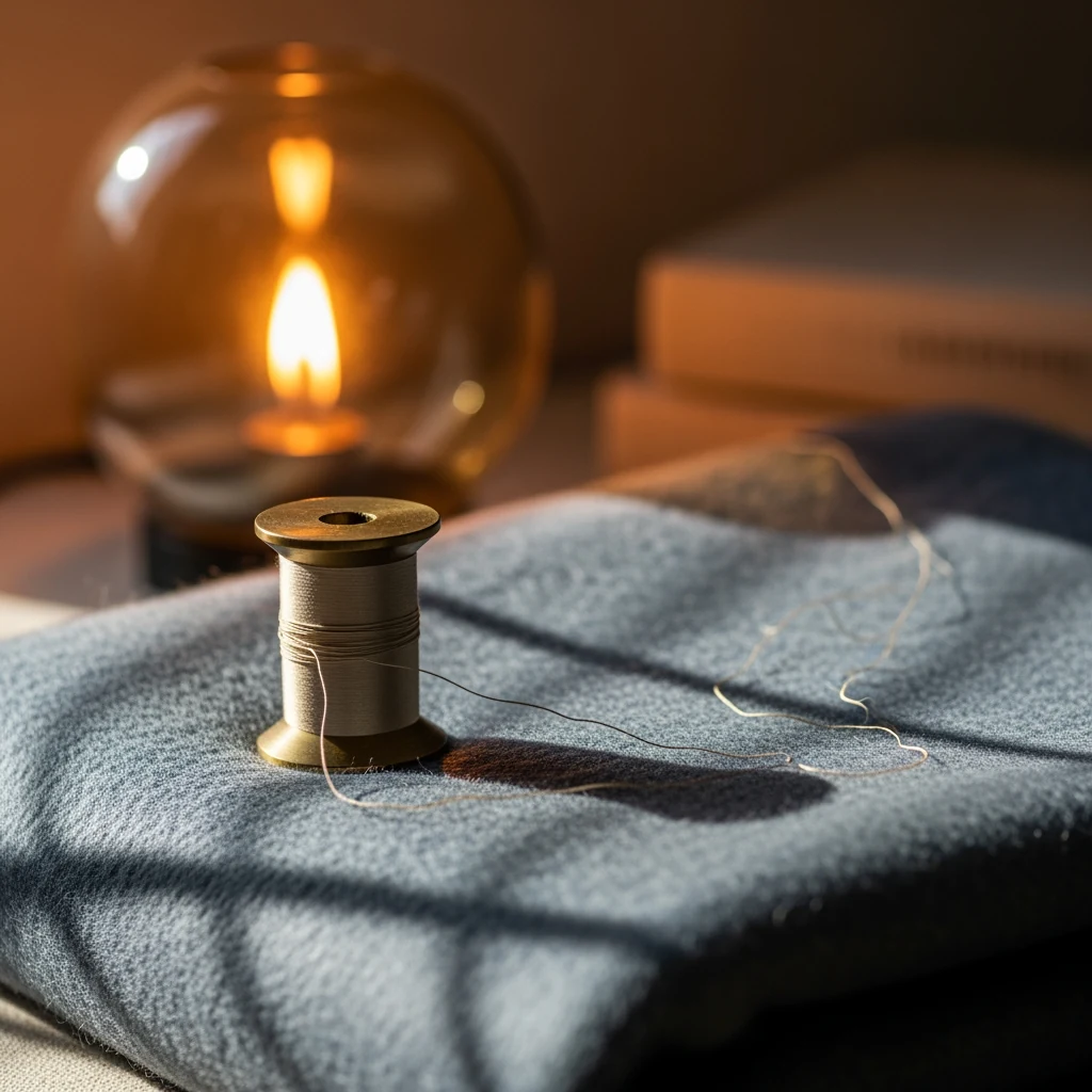 Brushed cotton-velvet swatches in slate and forest green folded on the studio bench beside a brass thread spool and an embroidery hoop in process.