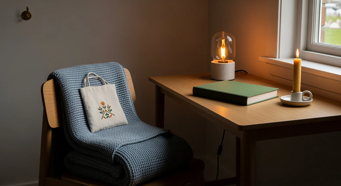 Linen-wrapped storybook on a folded hand-knit wool blanket, oak nightstand, warm bedside lamp casting amber glow across an empty pillow.