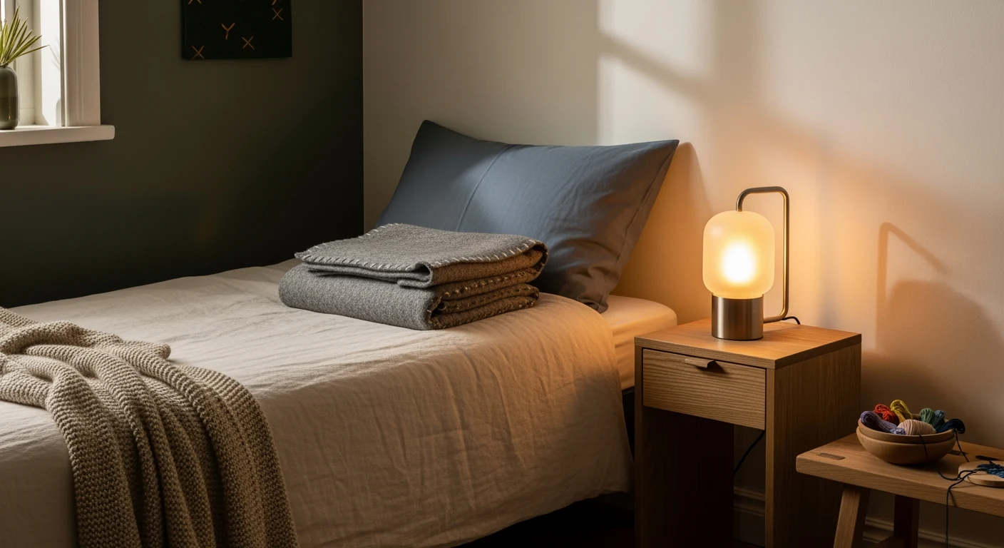 Hand-bound storybook on an oak nightstand beside a single low warm bedside lamp, folded slate wool-felt blanket at the edge of an empty pillow.
